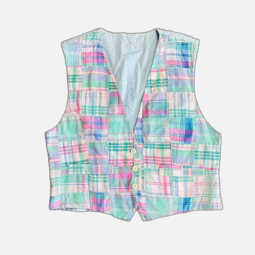 David Brooks Women's Pastel Madras Plaid Patchwork Vintage 70s-80s Vest Size 14 - Picture 3 of 15